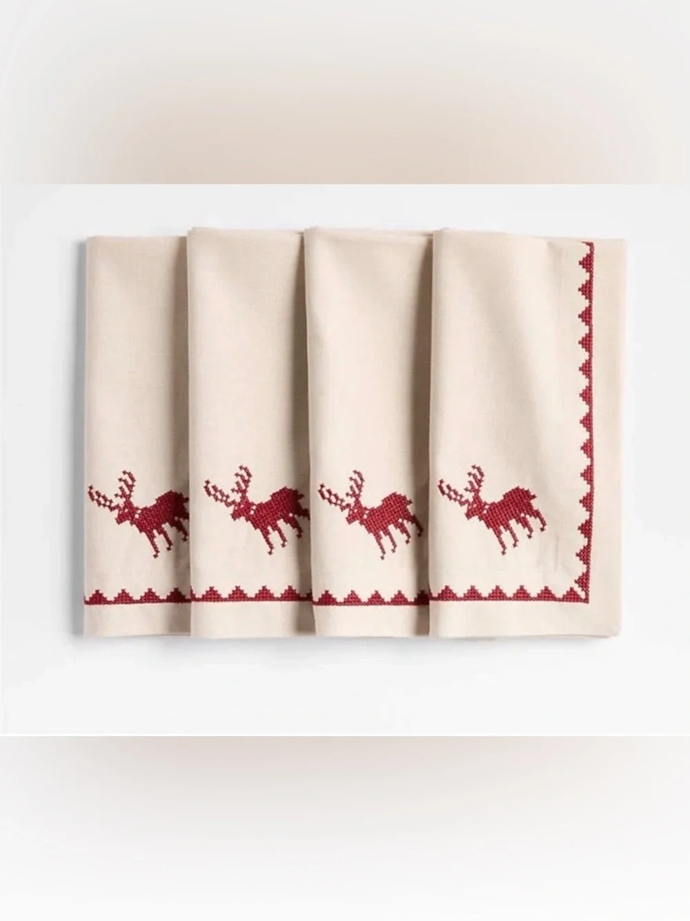 Crate & Barrel Red Cross Stitch Holiday Reindeer Dinner Napkins  ( Set Of 4 )